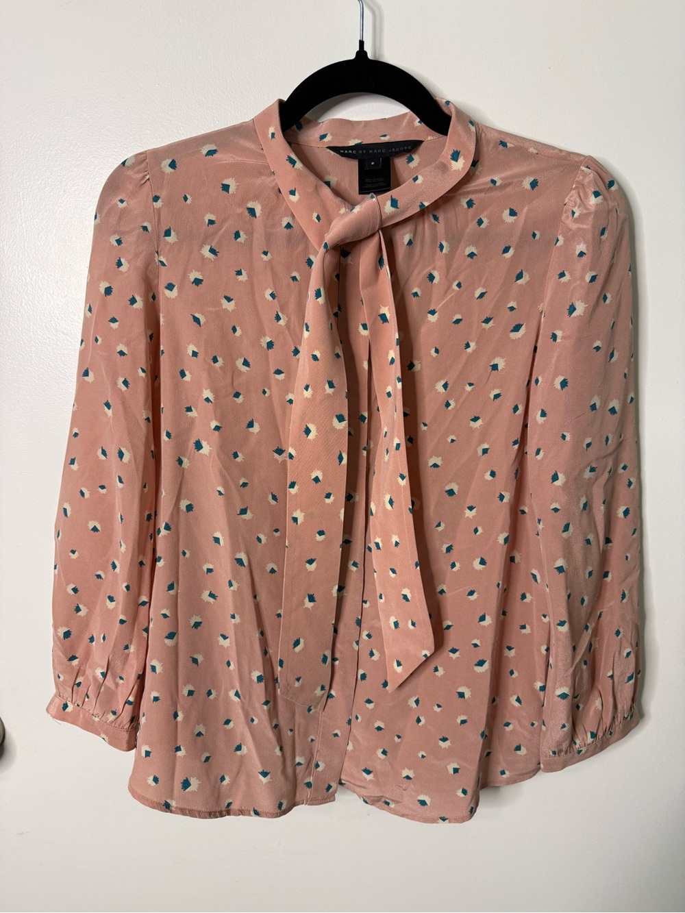 Marc Jacobs Silk Blouse Pink Bow Tie Neck Printed Long Sleeve Preppy Office Chic